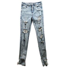 American Eagle Womens Jeans Sz 4 Skinny Distressed Blue Denim Frayed Hem Stretch